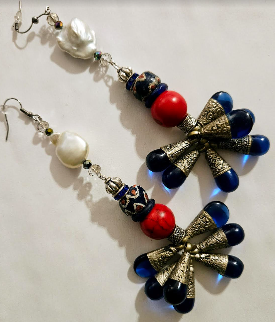 Tibetan Blue Glass Teardrop Shoulder Duster Statement Earrings Red W