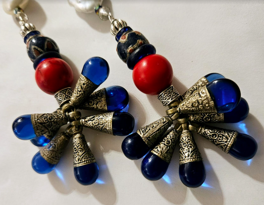 Tibetan Blue Glass Teardrop Shoulder Duster Statement Earrings Red W