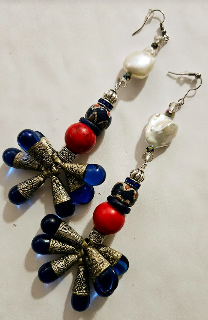 Tibetan Blue Glass Teardrop Shoulder Duster Statement Earrings Red W