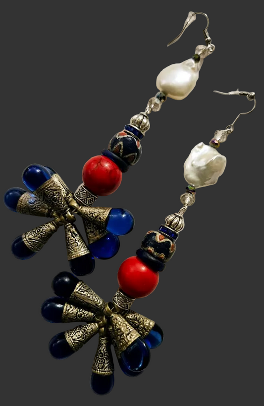 Tibetan Blue Glass Teardrop Tribal Shoulder Duster Statement Earrings