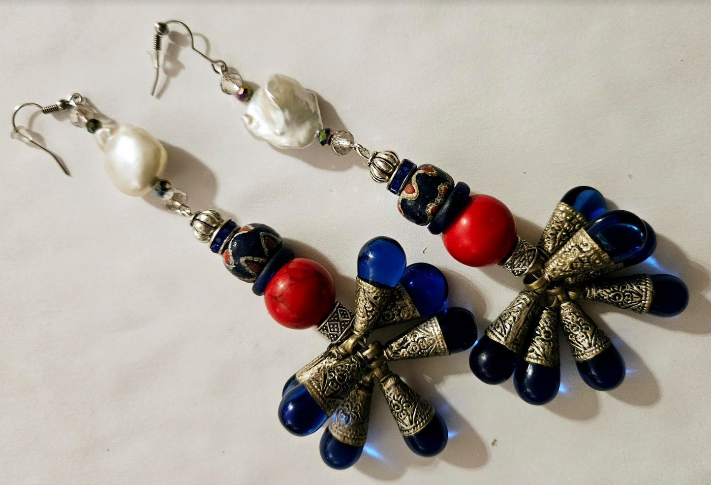 Tibetan Blue Glass Teardrop Shoulder Duster Statement Earrings Red W