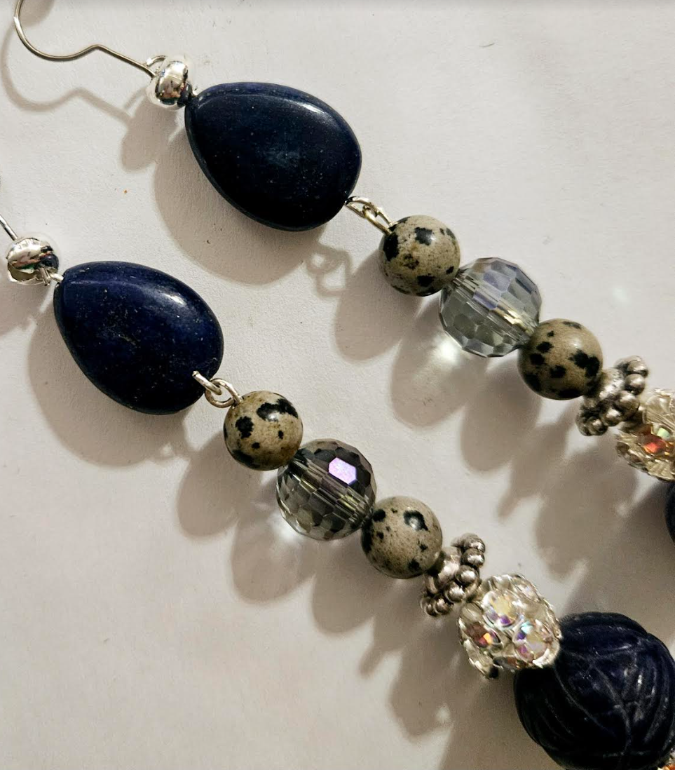 Dalmatian Jasper & Blue Sapphire Long Pierced Statement Earrings Gem