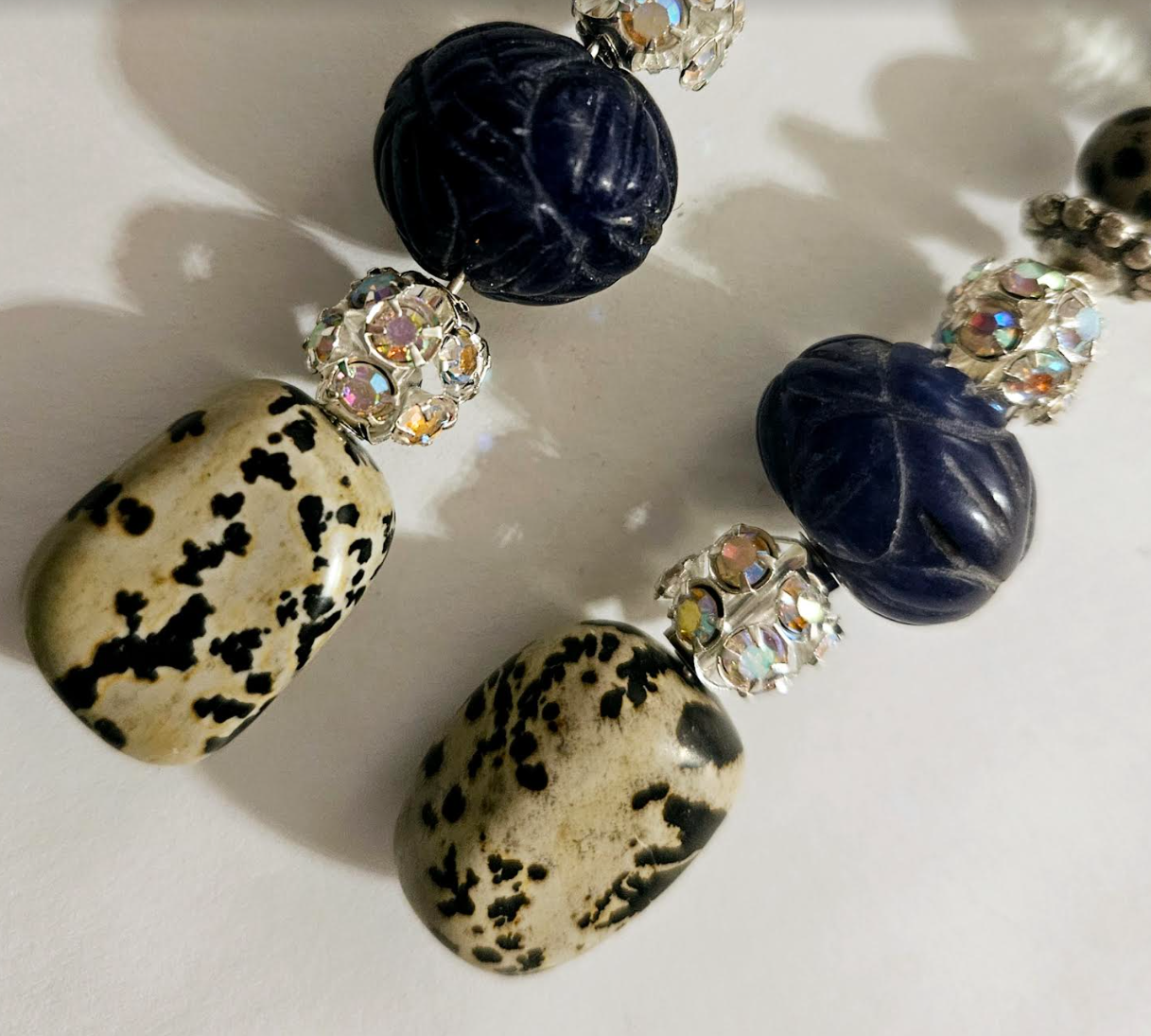 Dalmatian Jasper & Blue Sapphire Long Pierced Statement Earrings Gem