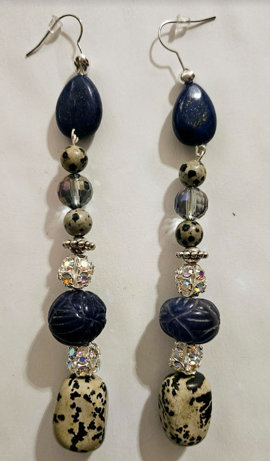 Dalmatian Jasper & Blue Sapphire Long Pierced Statement Earrings Gem