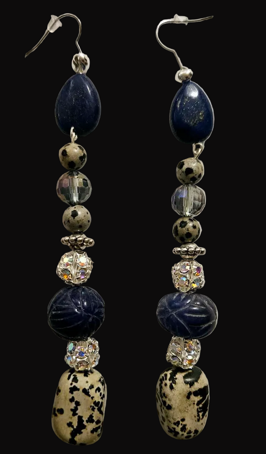Dalmatian Jasper & Blue Sapphire Long Pierced Shoulder Dusters