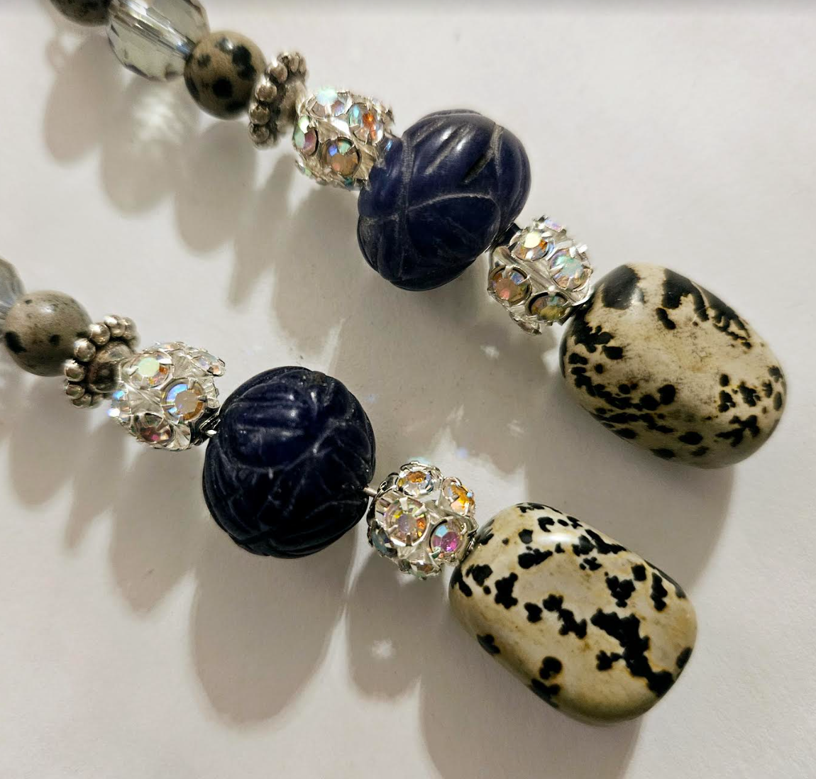 Dalmatian Jasper & Blue Sapphire Long Pierced Statement Earrings Gem