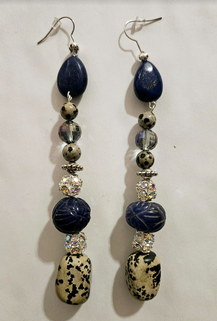 Dalmatian Jasper & Blue Sapphire Long Pierced Statement Earrings Gem