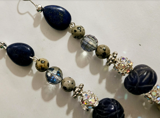 Dalmatian Jasper & Blue Sapphire Long Pierced Statement Earrings Gem