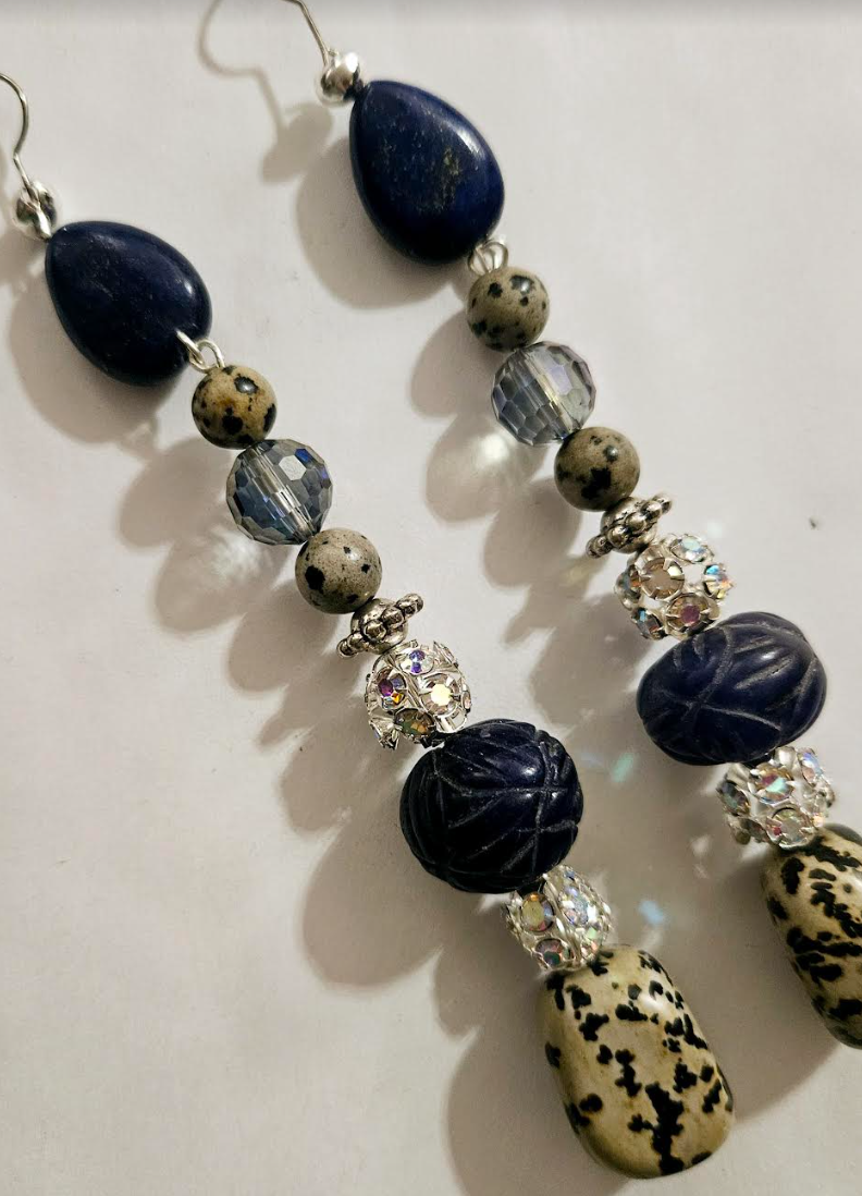 Dalmatian Jasper & Blue Sapphire Long Pierced Statement Earrings Gem