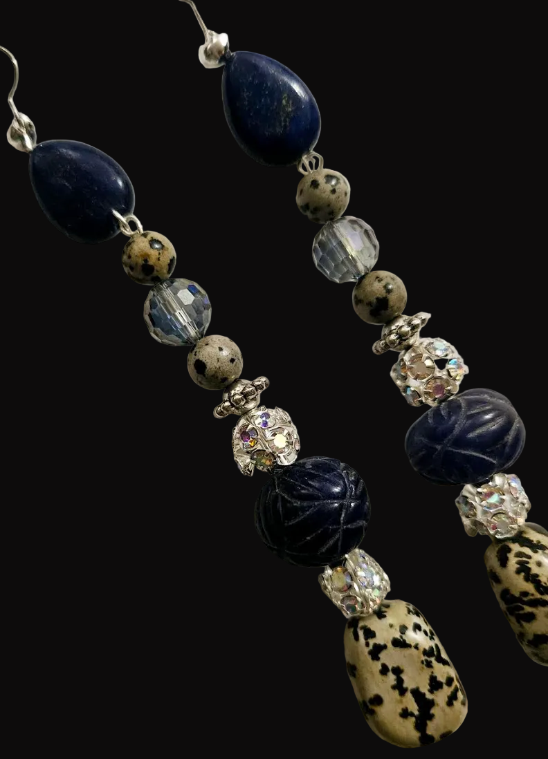 Dalmatian Jasper & Blue Sapphire Long Pierced Shoulder Dusters