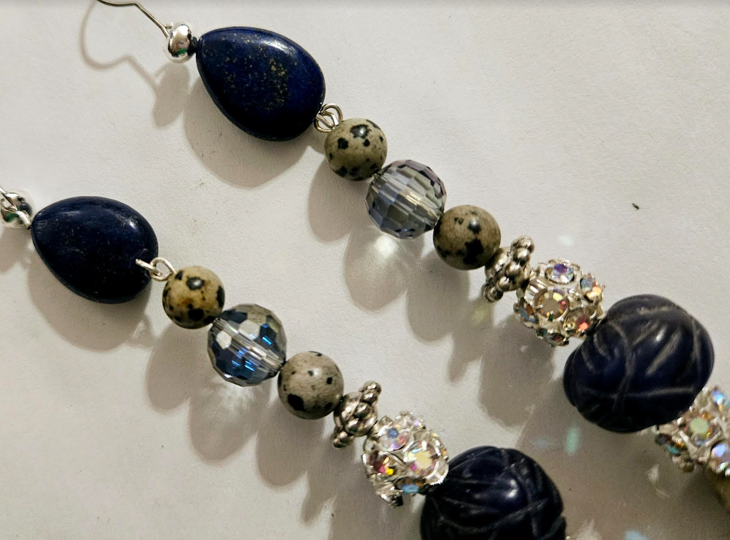 Dalmatian Jasper & Blue Sapphire Long Pierced Statement Earrings Gem