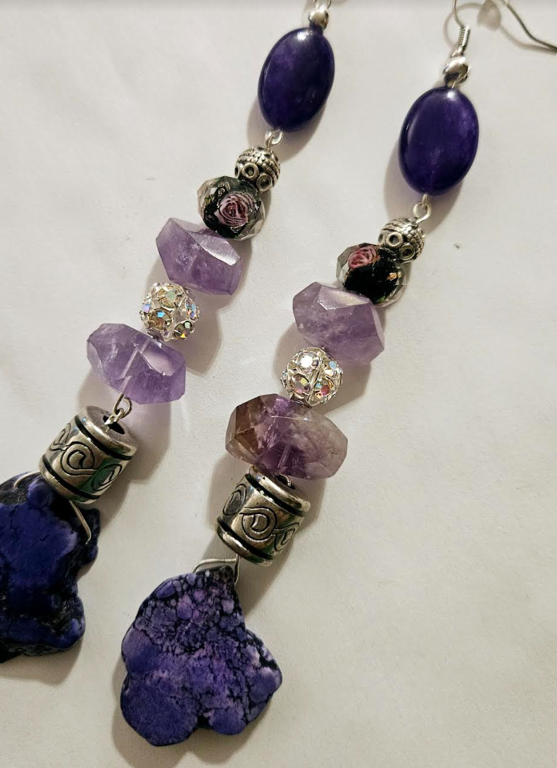 Purple Gemstone Shoulder Duster Pierced Statement Earrings Boho Cout