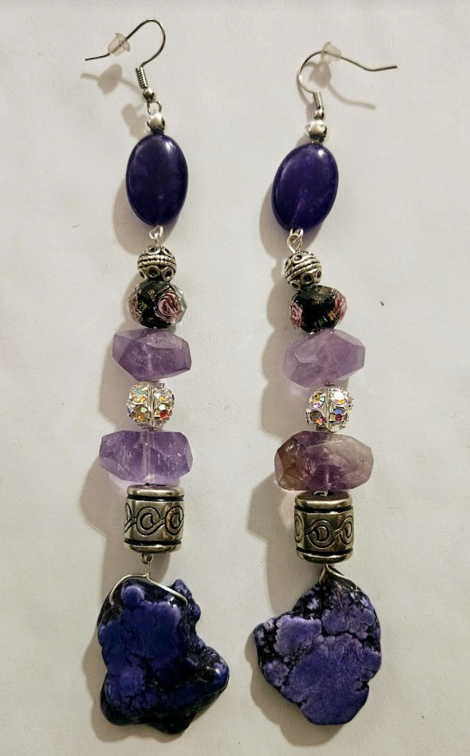 Purple Gemstone Shoulder Duster Pierced Statement Earrings Boho Cout