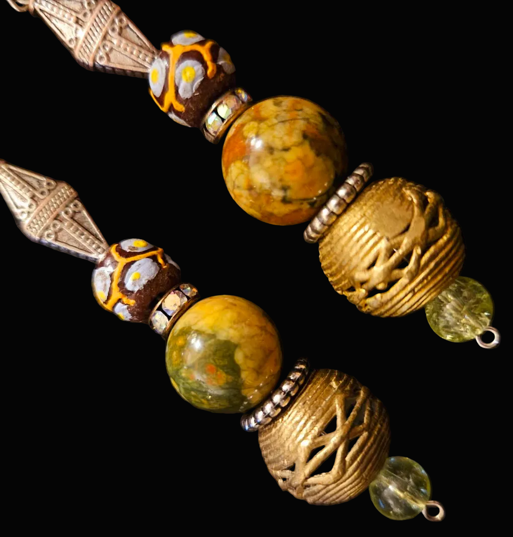 Exotic Rainforest Jasper Extra Long Pierced Statement Earrings - Fall