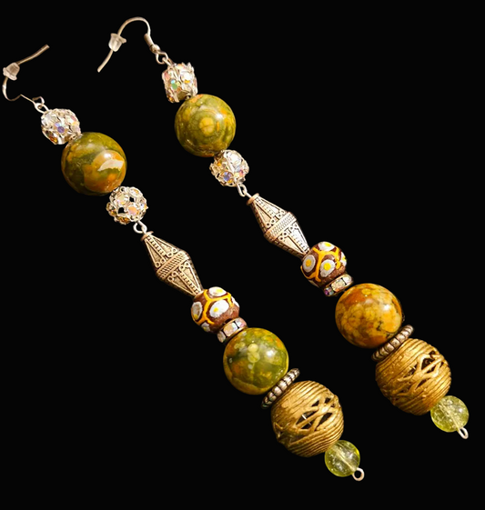 Exotic Rainforest Jasper Extra Long Pierced Statement Earrings - Fall