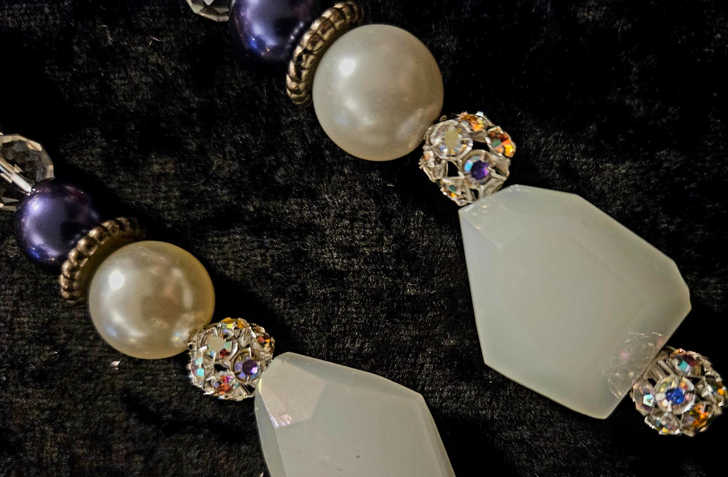Freshwater Pearl & Faceted Glass Black White Long Pierced Statement Ea