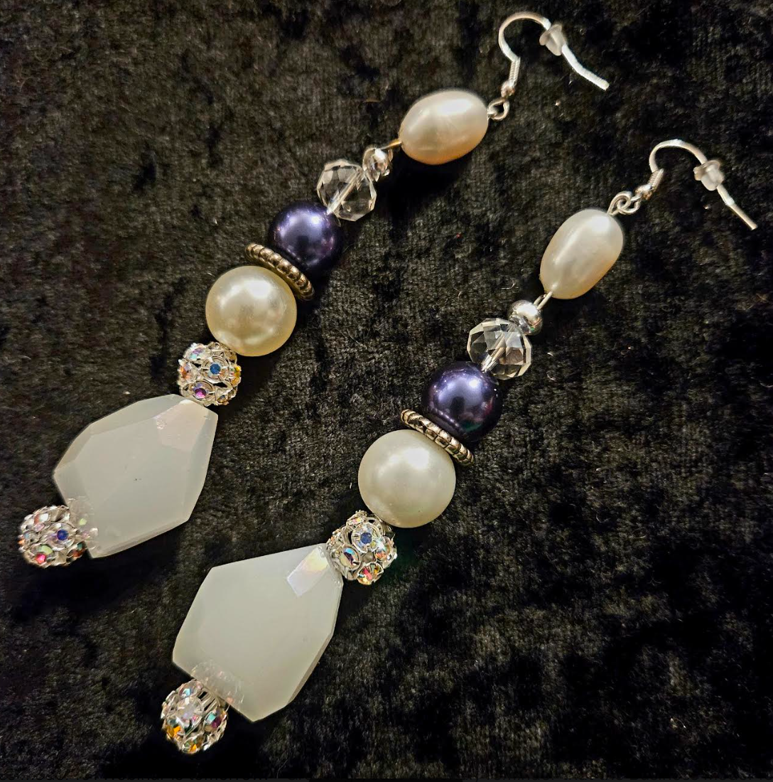 Freshwater Pearl & Faceted Glass Black White Long Pierced Statement Ea