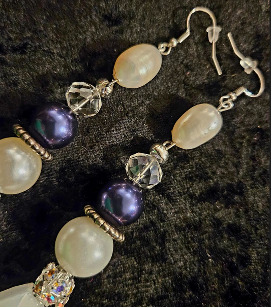 Freshwater Pearl & Faceted Glass Black White Long Pierced Statement Ea