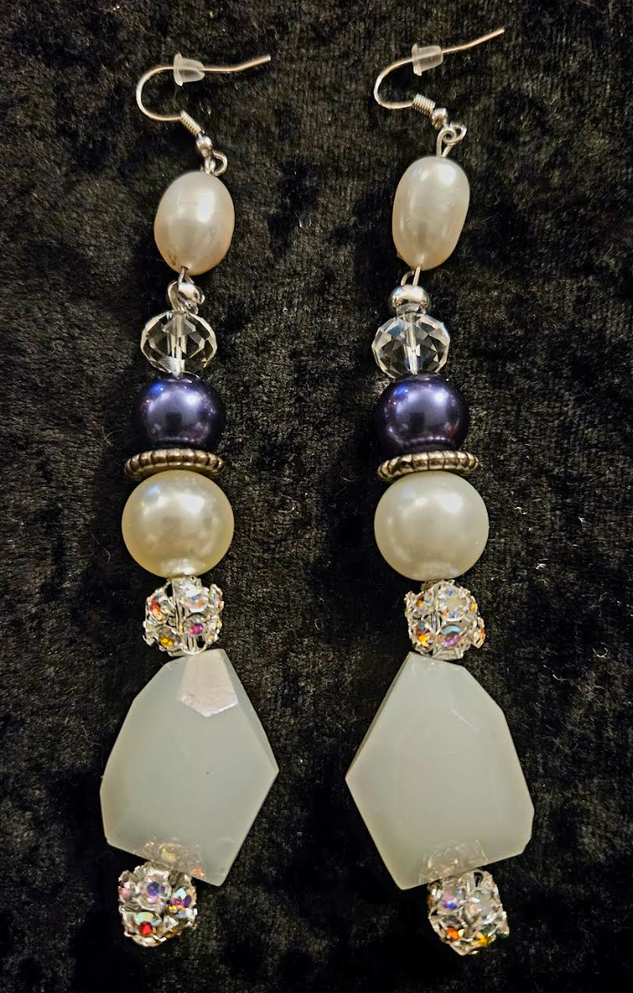Freshwater Pearl & Faceted Glass Black White Long Pierced Statement Ea