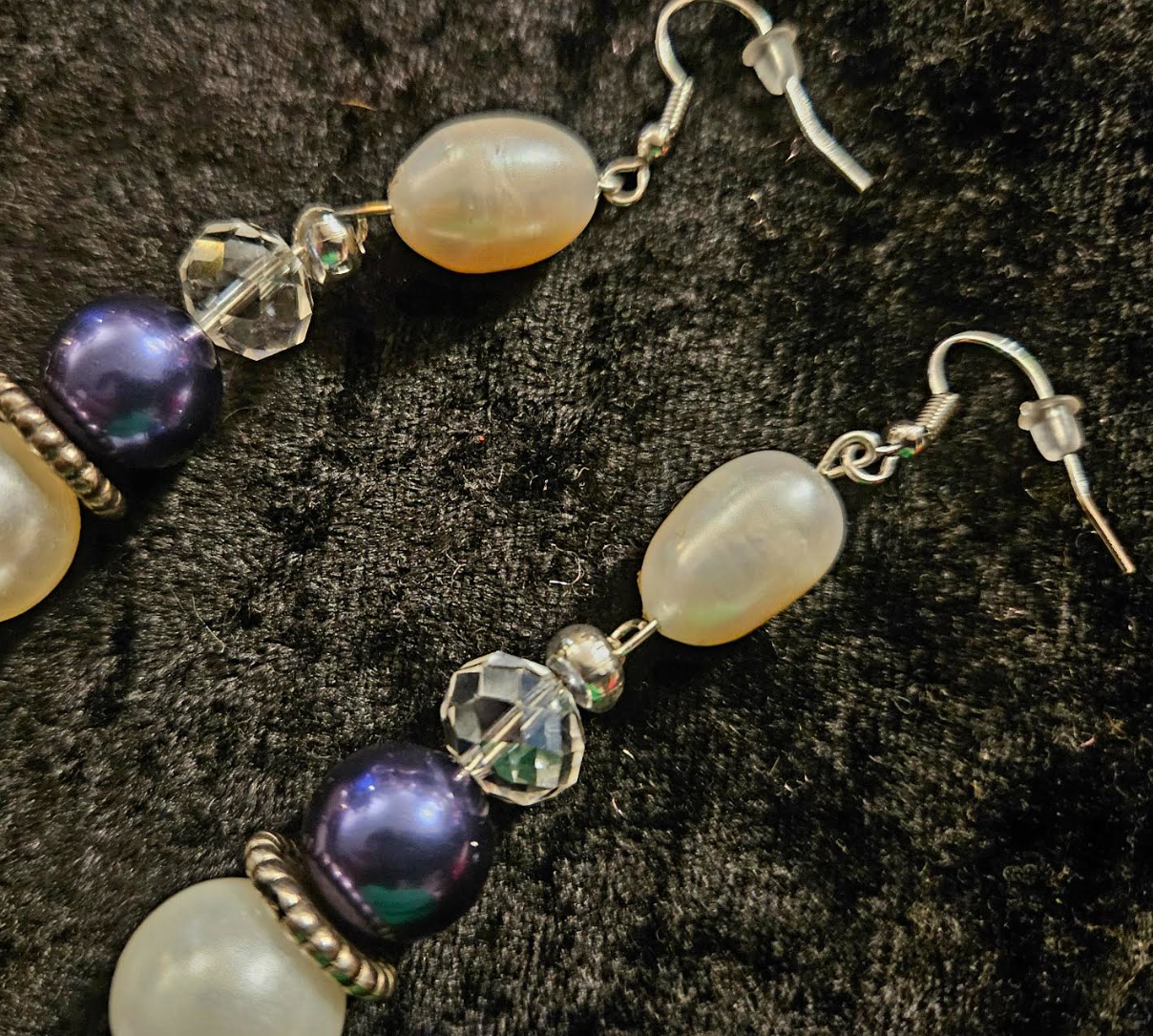 Freshwater Pearl & Faceted Glass Black White Long Pierced Statement Ea