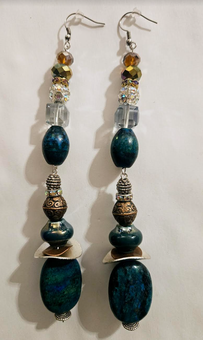Chrysocolla Crystal & Mixed Metal Shoulder Duster Statement Earrings