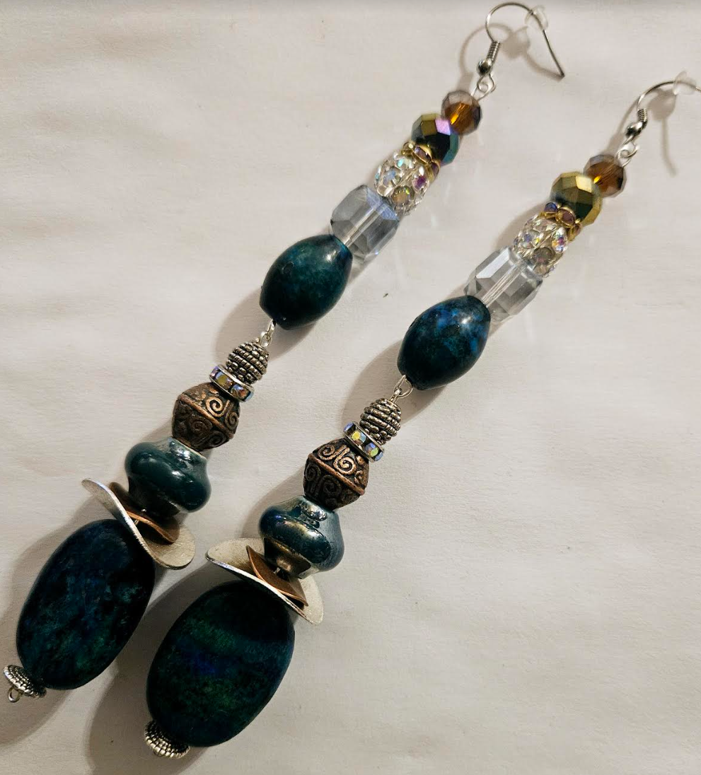 Chrysocolla Crystal & Mixed Metal Shoulder Duster Statement Earrings