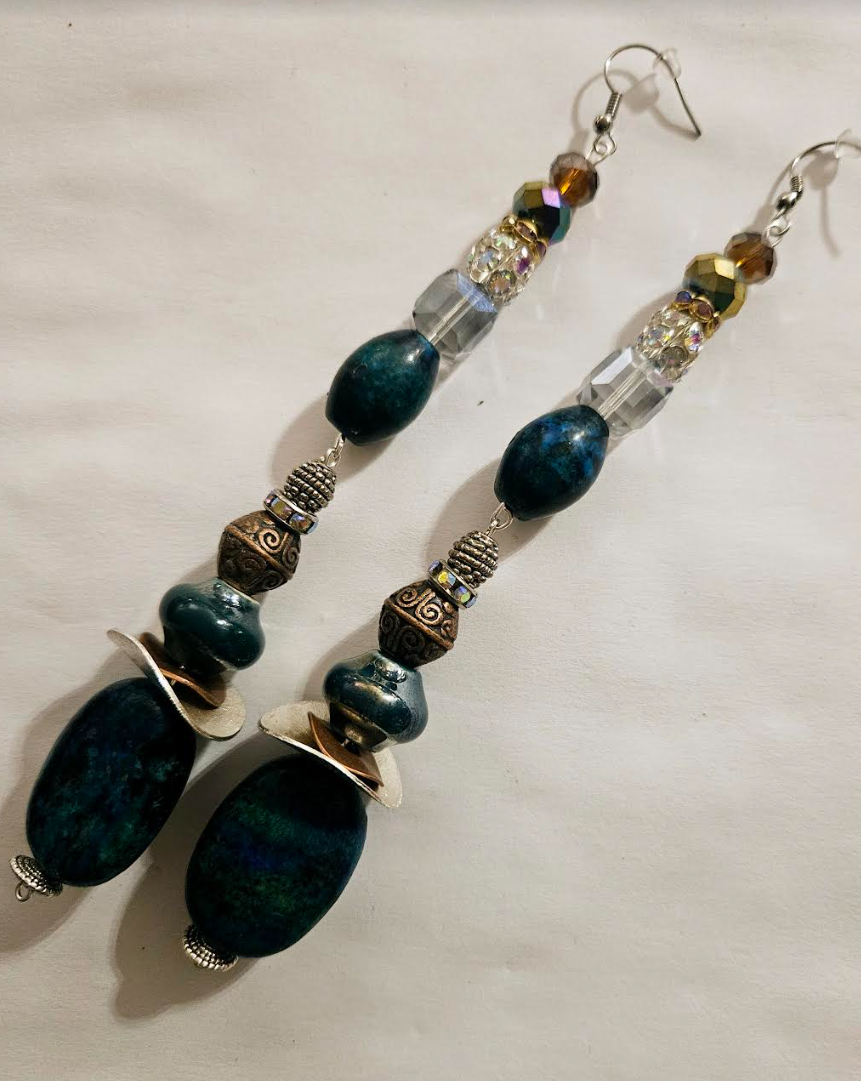Chrysocolla Crystal & Mixed Metal Shoulder Duster Statement Earrings