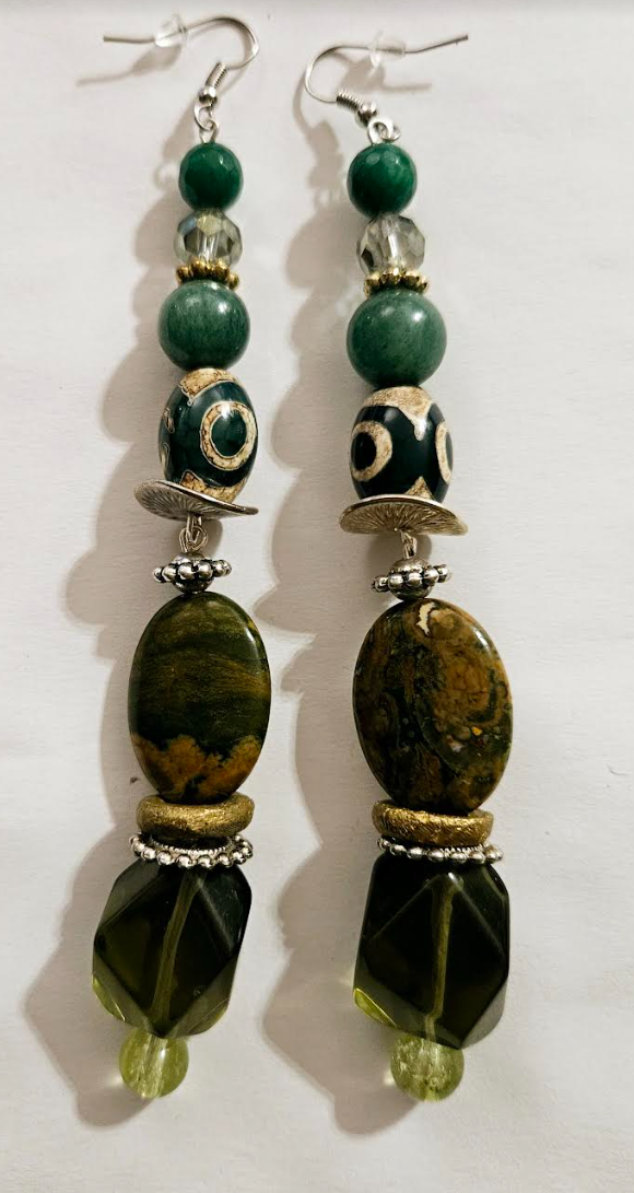 Exotic Green Gemstone Long Pierced Statement Earrings Jungle Fever S