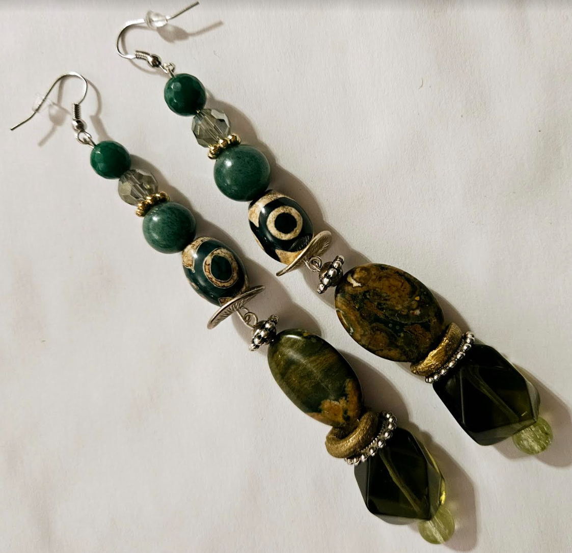 Exotic Green Gemstone Long Pierced Statement Earrings Jungle Fever S