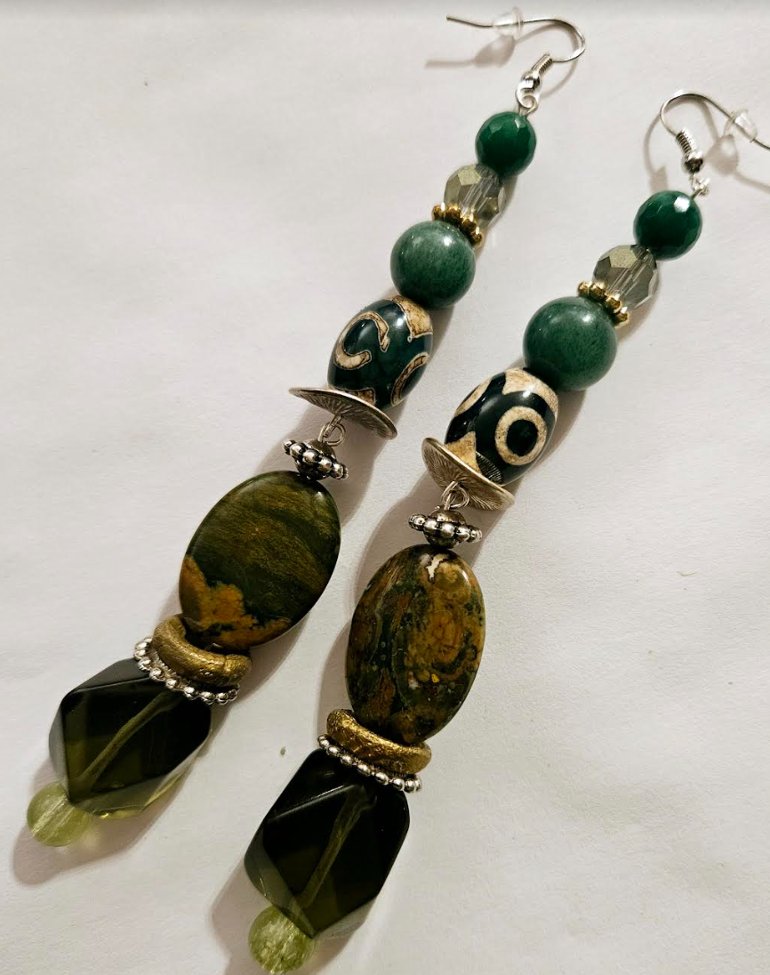 Exotic Green Gemstone Long Pierced Statement Earrings Jungle Fever S