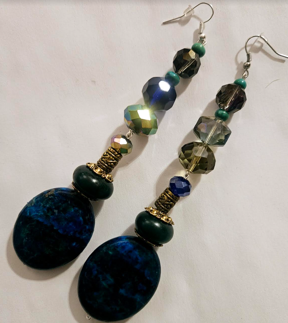 Heavy Chrysocolla & Faceted Crystal Shoulder Dusters Blue Green L