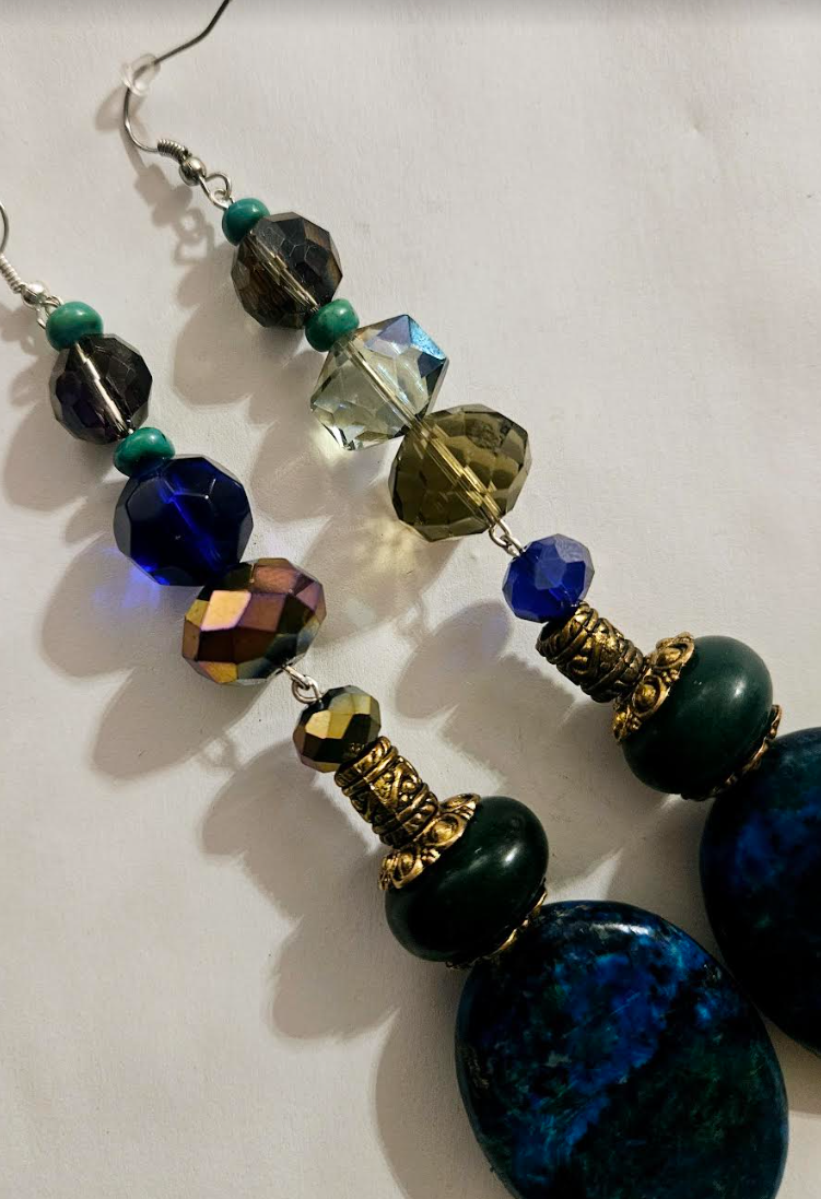 Heavy Chrysocolla & Faceted Crystal Shoulder Dusters Blue Green L