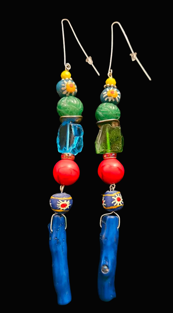 Colorful Mixed Media Shoulder Dusters - Blue Branch Coral Earrings