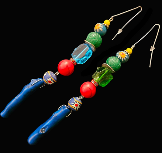 Colorful Mixed Media Shoulder Dusters - Blue Branch Coral Earrings