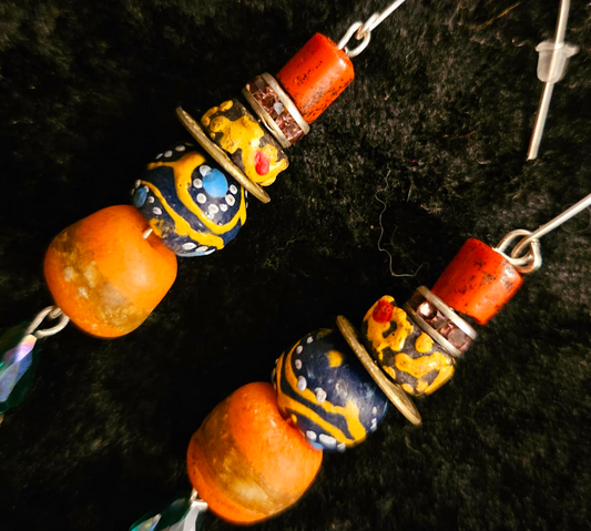 Green African Recycled Glass & Mixed Media Long Pierced Statement Earr