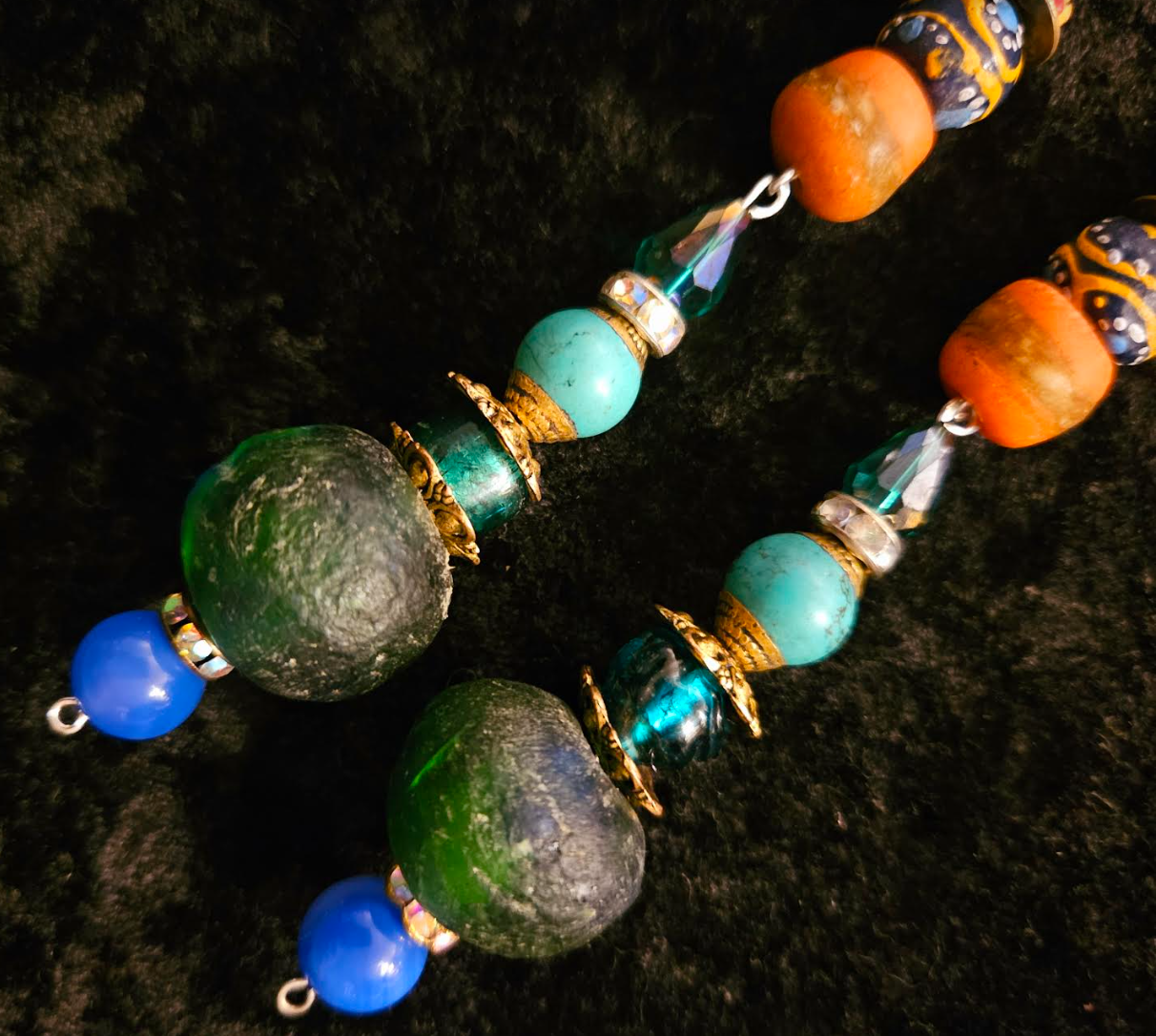 Green African Recycled Glass & Mixed Media Long Pierced Statement Earr
