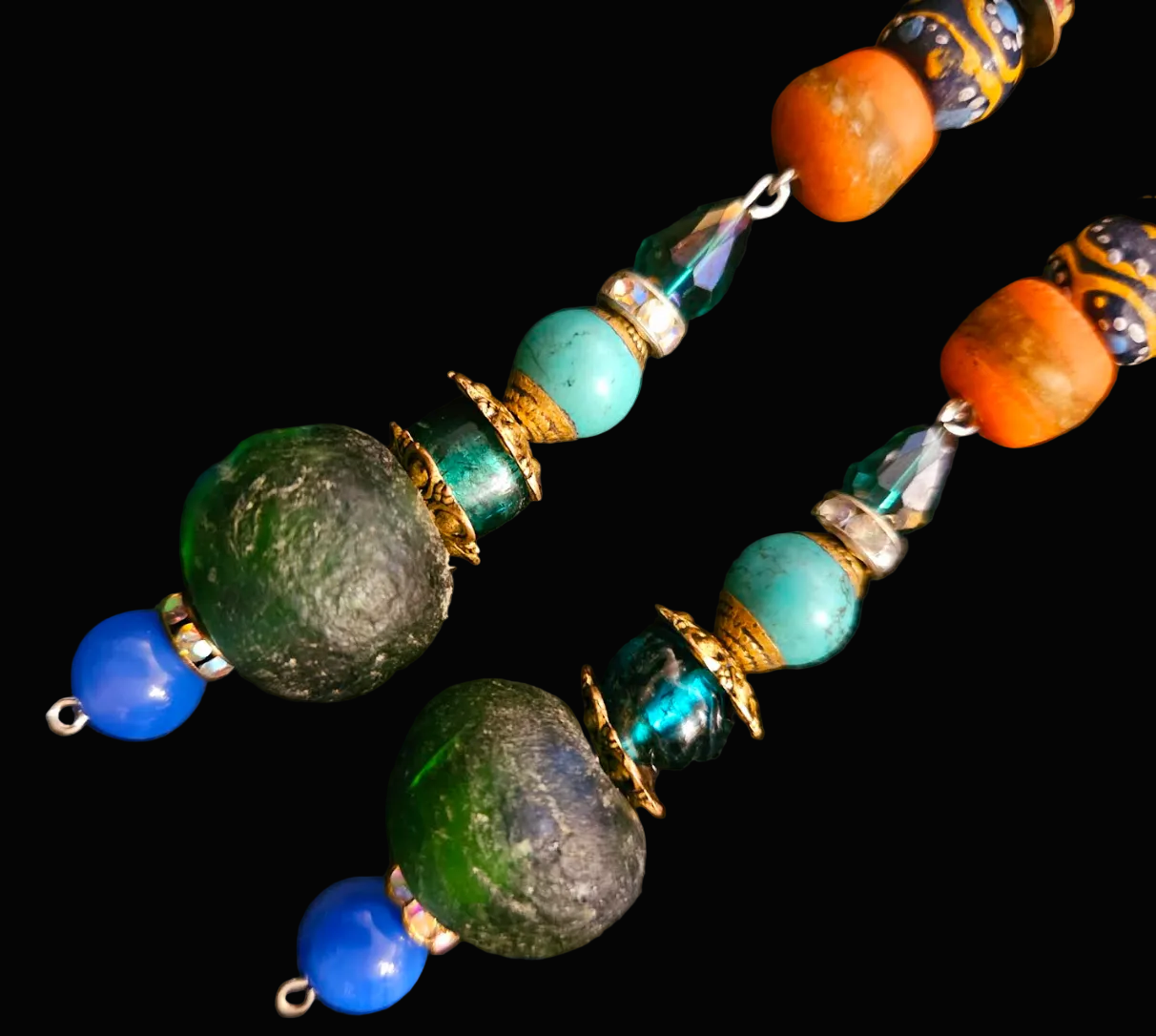 Green African Recycled Glass & Mixed Media Long Pierced Earrings