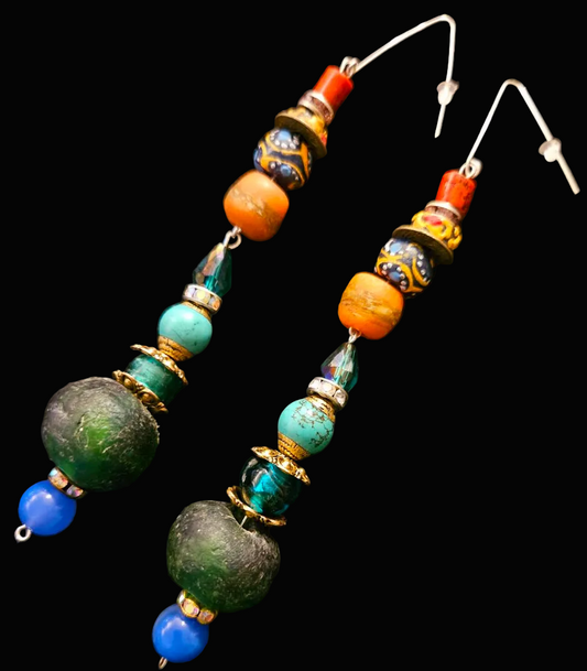 Green African Recycled Glass & Mixed Media Long Pierced Earrings