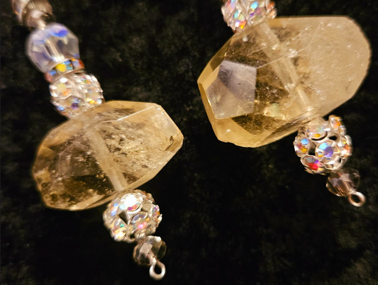 Lemon Quartz & Rhinestone Ball Pierced Statement Earrings Formal Ven