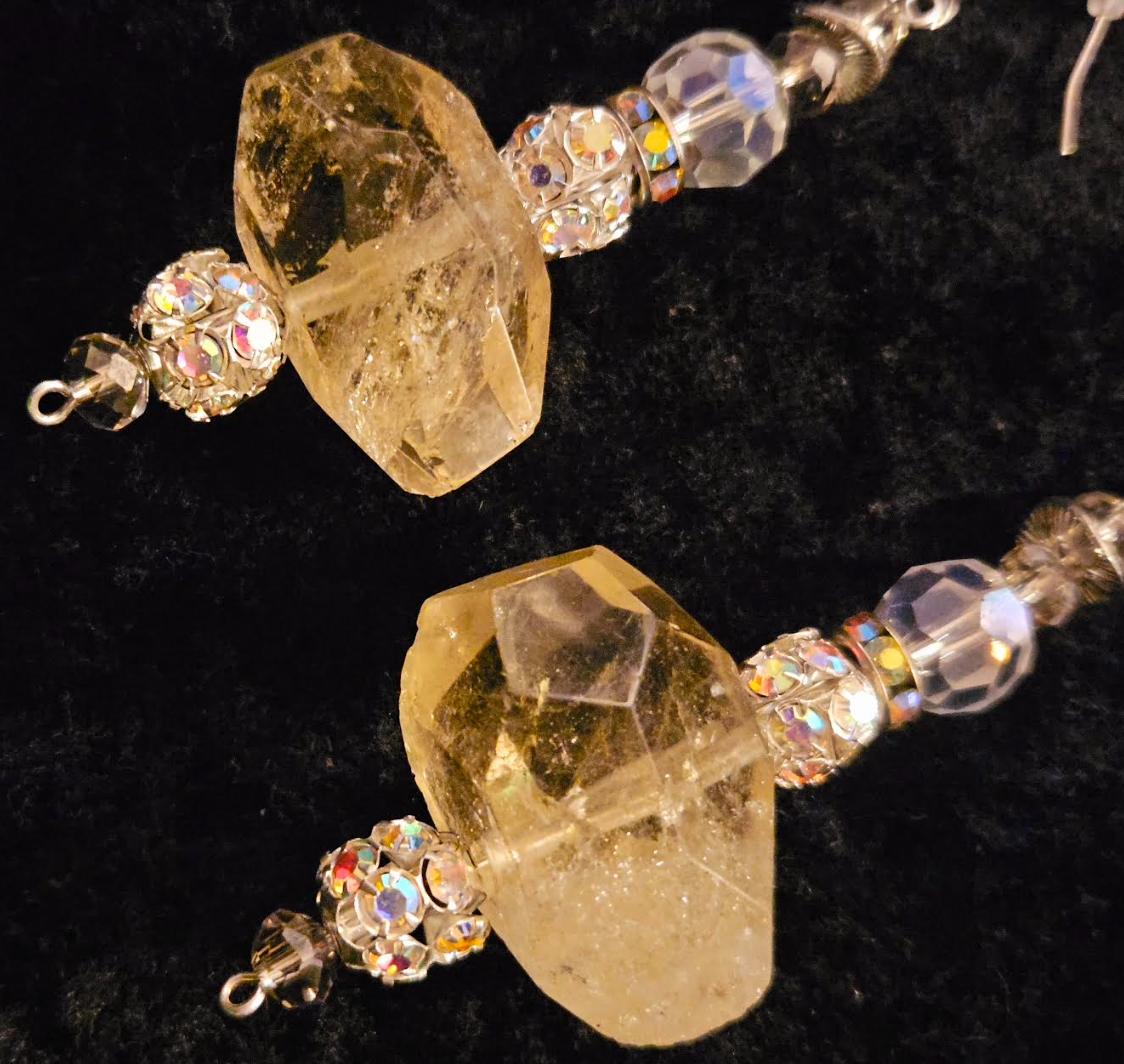 Lemon Quartz & Rhinestone Ball Pierced Statement Earrings Formal Ven