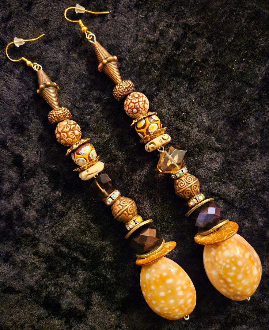 Earth Tone Shell & Gemstone Beaded Shoulder Dusters Extra Long Ea