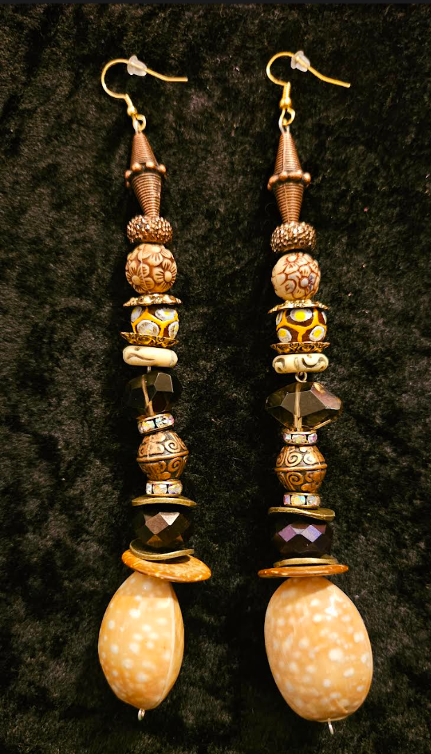 Earth Tone Shell & Gemstone Beaded Shoulder Dusters Extra Long Ea