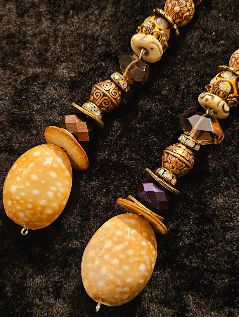 Earth Tone Shell & Gemstone Beaded Shoulder Dusters Extra Long Ea