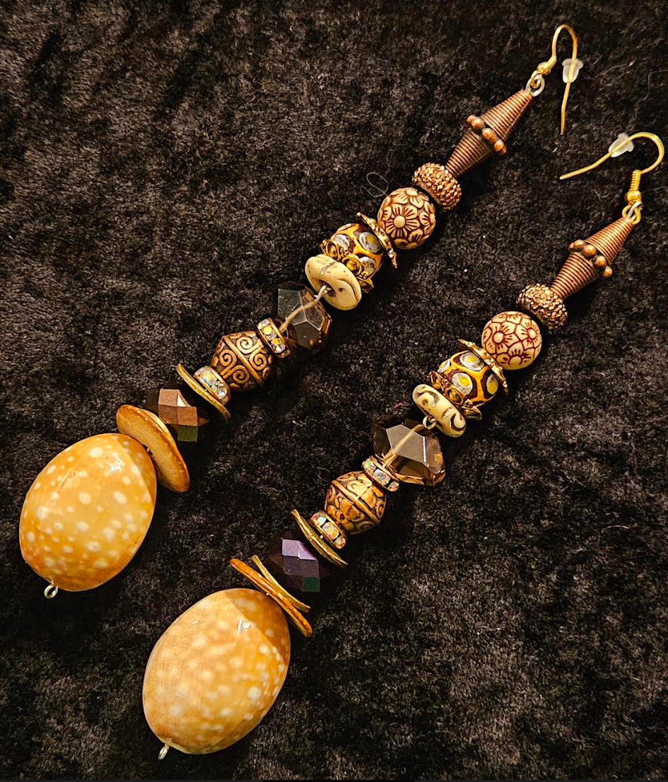 Earth Tone Shell & Gemstone Beaded Shoulder Dusters Extra Long Ea