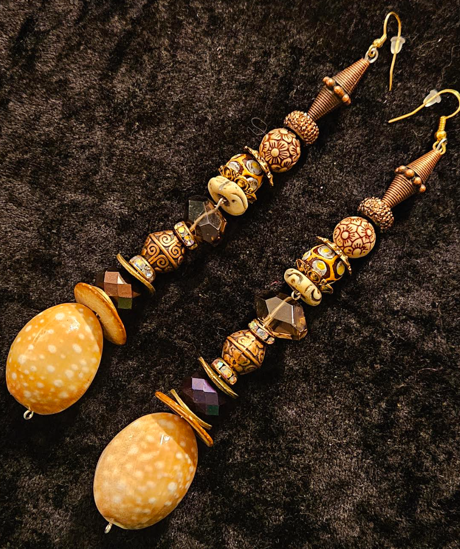 Earth Tone Shell & Gemstone Beaded Shoulder Dusters Extra Long Ea