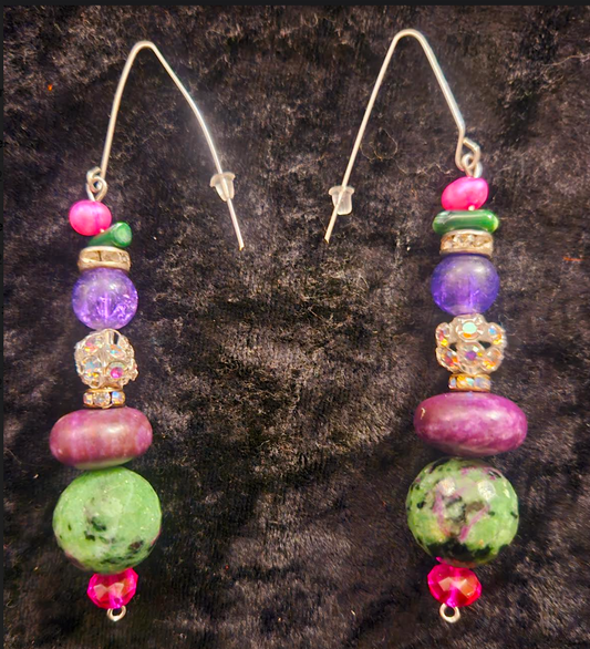 Ruby Zoisite Agate & Pink Pearl Dangle Pierced Statement Earrings Gr
