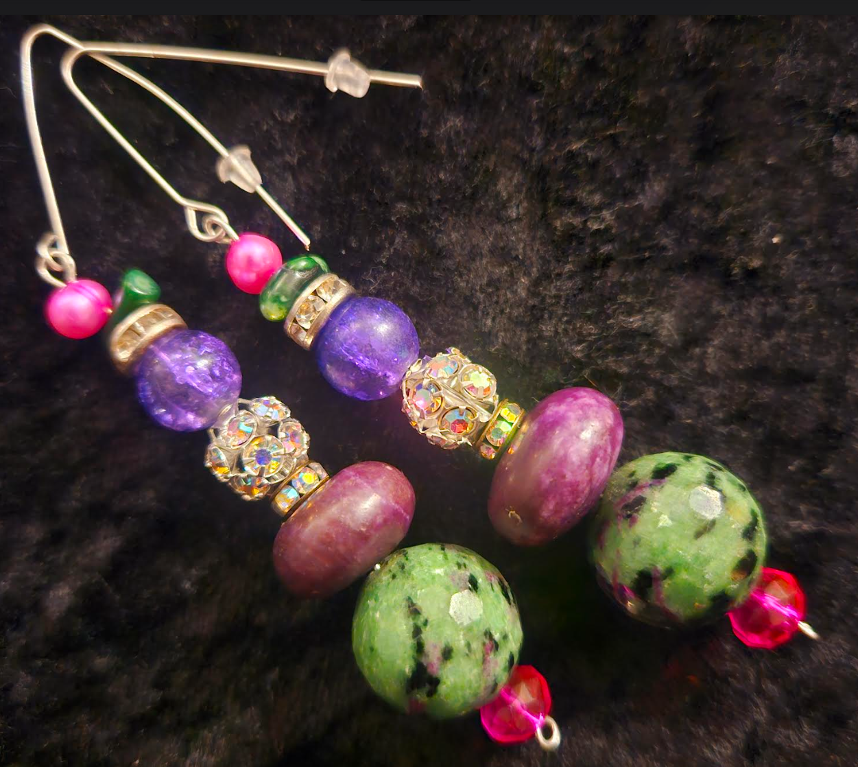 Ruby Zoisite Agate & Pink Pearl Dangle Pierced Statement Earrings Gr