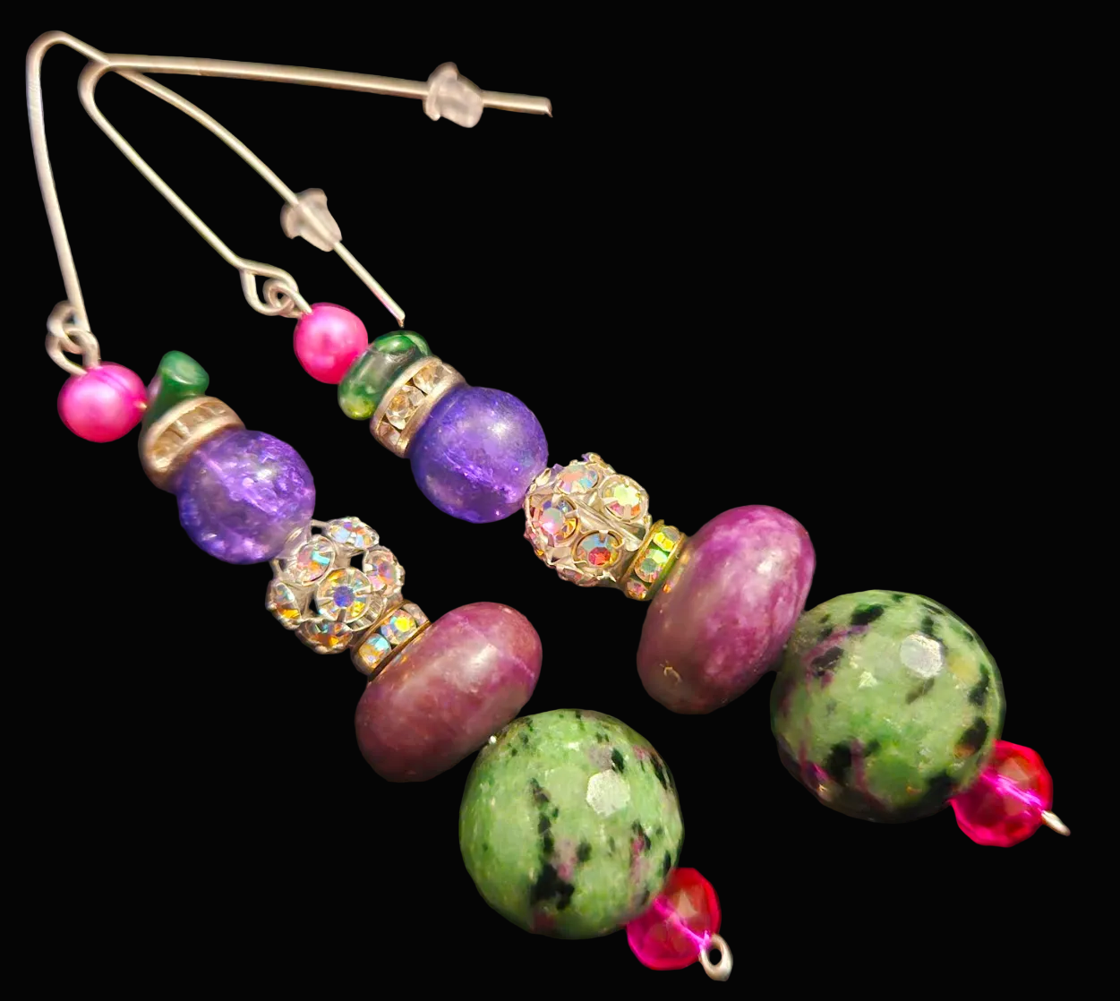 Ruby Zoisite, Agate & Pink Pearl Dangle Pierced Statement Earrings