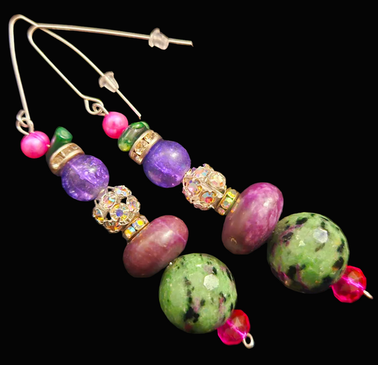 Ruby Zoisite, Agate & Pink Pearl Dangle Pierced Statement Earrings