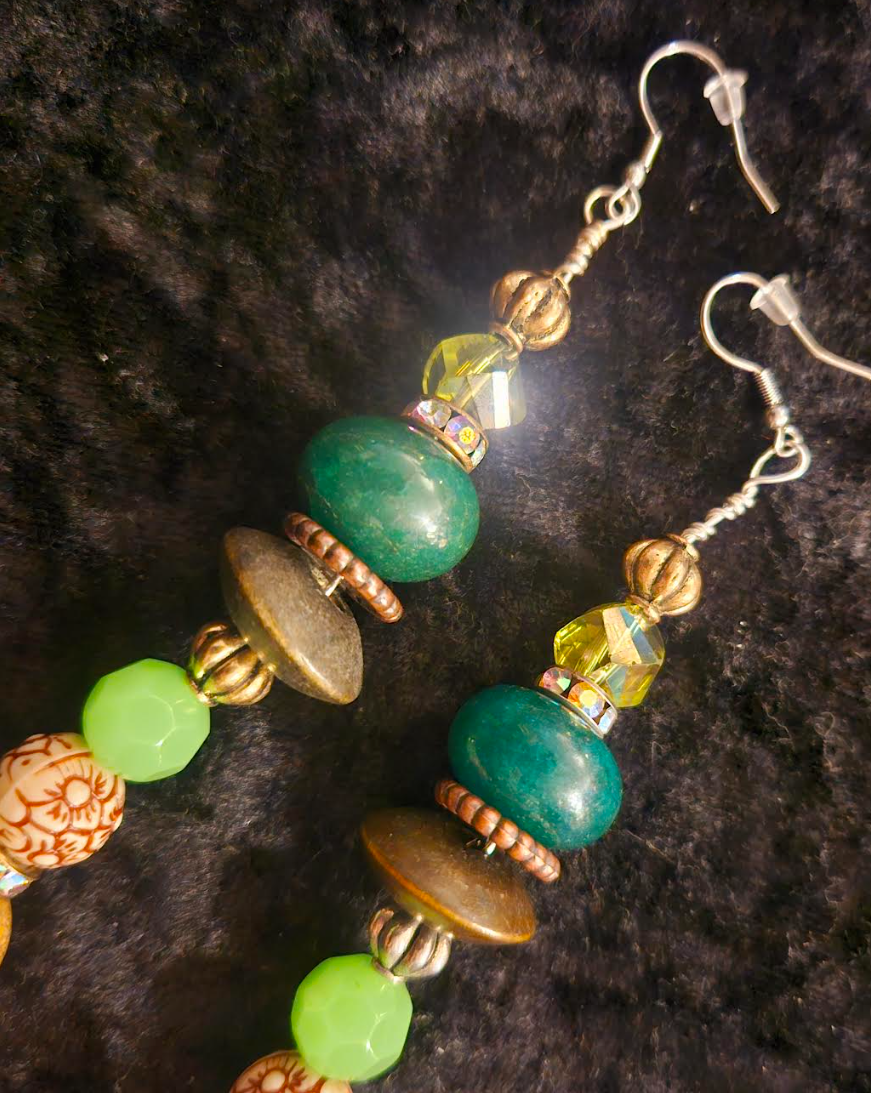 Green & Brown Mixed Media Gemstone Shoulder Dusters Earthy Beaded